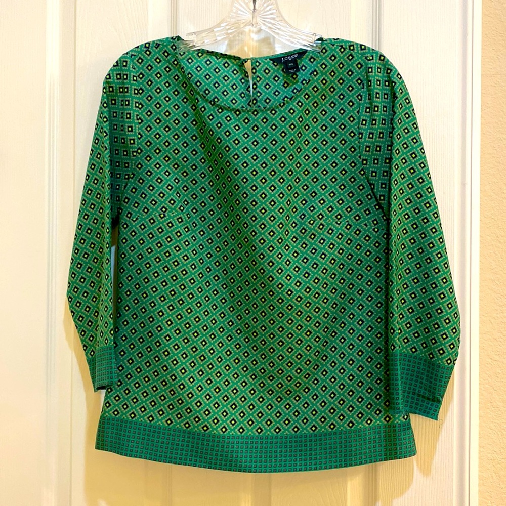J. Crew | Diamond patterned green blouse